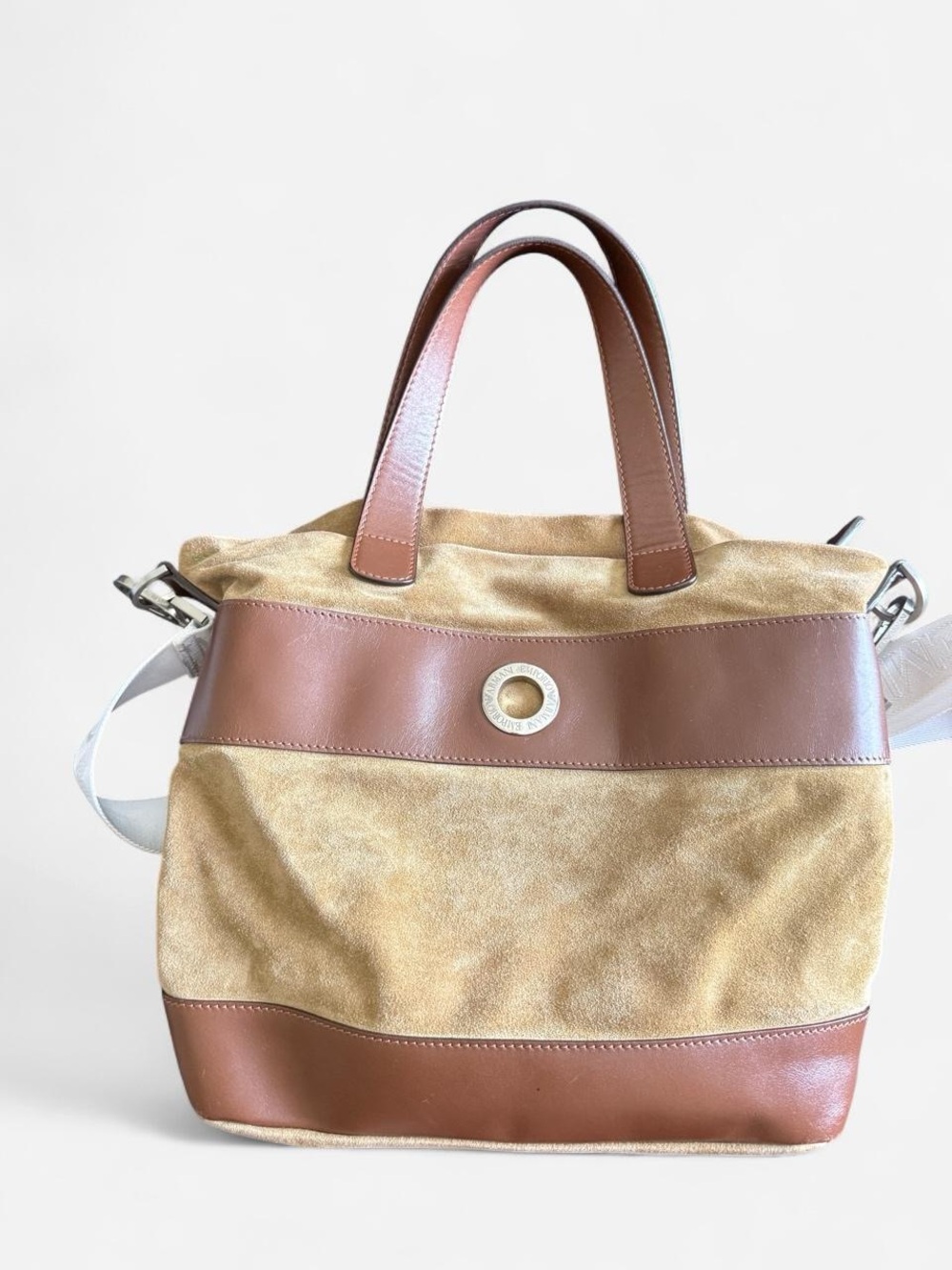 Leather Trim Suede Tote Bag - Brown and Khaki